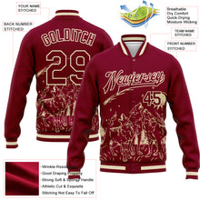 Load image into Gallery viewer, Custom Maroon Cream Wolf Fullmoon Party 3D Pattern Design Bomber Full-Snap Varsity Letterman Jacket

