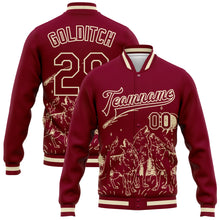 Load image into Gallery viewer, Custom Maroon Cream Wolf Fullmoon Party 3D Pattern Design Bomber Full-Snap Varsity Letterman Jacket
