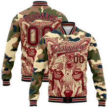 Load image into Gallery viewer, Custom Camo Crimson City Cream-Black Wolf 3D Pattern Design Bomber Full-Snap Varsity Letterman Salute To Service Jacket
