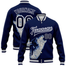 Load image into Gallery viewer, Custom Navy White-Gray Wolf Howling 3D Pattern Design Bomber Full-Snap Varsity Letterman Jacket

