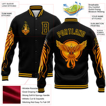 Load image into Gallery viewer, Custom Black Gold Fire Phoenix 3D Pattern Design Bomber Full-Snap Varsity Letterman Jacket
