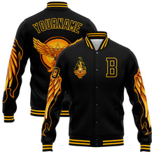 Load image into Gallery viewer, Custom Black Gold Fire Phoenix 3D Pattern Design Bomber Full-Snap Varsity Letterman Jacket
