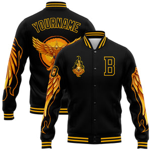 Custom Black Gold Fire Phoenix 3D Pattern Design Bomber Full-Snap Varsity Letterman Jacket