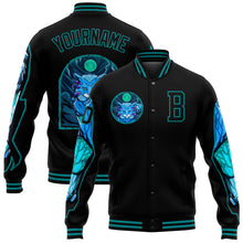 Load image into Gallery viewer, Custom Black Teal Leopard 3D Pattern Design Bomber Full-Snap Varsity Letterman Jacket
