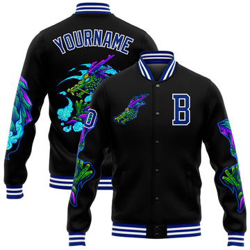 Custom Black Royal-White Dragon 3D Pattern Design Bomber Full-Snap Varsity Letterman Jacket