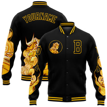 Custom Black Gold Courage Samurai 3D Pattern Design Bomber Full-Snap Varsity Letterman Jacket