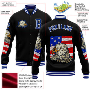 Custom Black Royal-White Eagle And American Flag 3D Pattern Design Bomber Full-Snap Varsity Letterman Jacket
