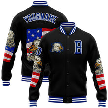 Load image into Gallery viewer, Custom Black Royal-White Eagle And American Flag 3D Pattern Design Bomber Full-Snap Varsity Letterman Jacket
