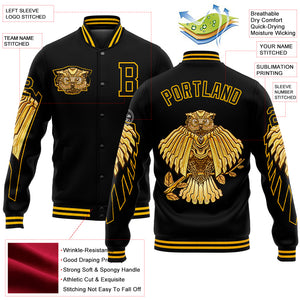 Custom Black Gold Owl 3D Pattern Design Bomber Full-Snap Varsity Letterman Jacket
