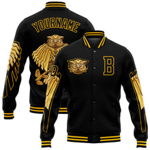 Load image into Gallery viewer, Custom Black Gold Owl 3D Pattern Design Bomber Full-Snap Varsity Letterman Jacket
