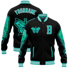 Load image into Gallery viewer, Custom Black Aqua-White Butterfly 3D Pattern Design Bomber Full-Snap Varsity Letterman Jacket
