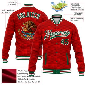 Custom Red Kelly Green-White Mexico 3D Bomber Full-Snap Varsity Letterman Jacket