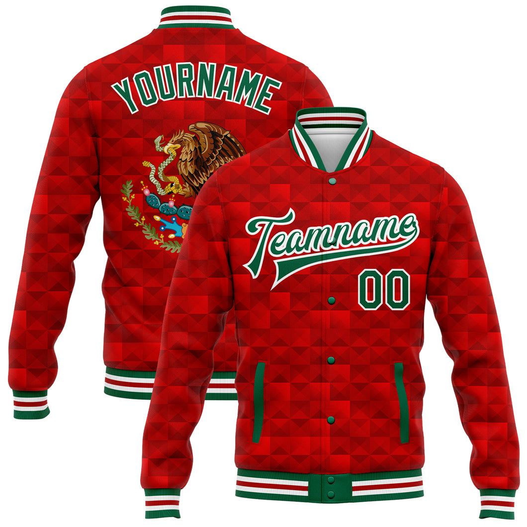 Custom Red Kelly Green-White Mexico 3D Bomber Full-Snap Varsity Letterman Jacket