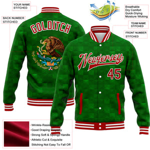 Custom Kelly Green Red-White Mexico 3D Bomber Full-Snap Varsity Letterman Jacket