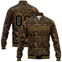 Load image into Gallery viewer, Custom Camo Black-Old Gold Realistic Forest Camouflage 3D Bomber Full-Snap Varsity Letterman Salute To Service Jacket
