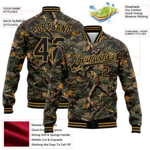 Load image into Gallery viewer, Custom Camo Black-Old Gold Classic Wood Camouflage 3D Bomber Full-Snap Varsity Letterman Salute To Service Jacket
