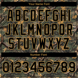 Custom Camo Black-Old Gold Classic Wood Camouflage 3D Bomber Full-Snap Varsity Letterman Salute To Service Jacket