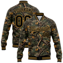 Load image into Gallery viewer, Custom Camo Black-Old Gold Classic Wood Camouflage 3D Bomber Full-Snap Varsity Letterman Salute To Service Jacket

