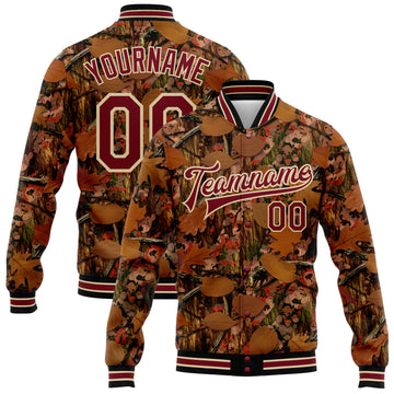 Custom Camo Crimson City Cream-Black Realistic Forest Camouflage 3D Bomber Full-Snap Varsity Letterman Salute To Service Jacket