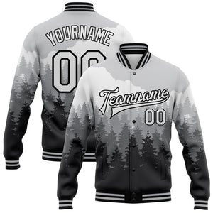 Custom Gray White-Black Watercolor Forest With Fog 3D Pattern Design Bomber Full-Snap Varsity Letterman Jacket