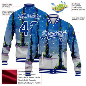 Custom Royal White Watercolor Forest With Trunks 3D Pattern Design Bomber Full-Snap Varsity Letterman Jacket