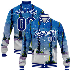 Custom Royal White Watercolor Forest With Trunks 3D Pattern Design Bomber Full-Snap Varsity Letterman Jacket