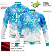 Load image into Gallery viewer, Custom Royal Aqua-White Watercolor Forest Winter Snow Landscape 3D Pattern Design Bomber Full-Snap Varsity Letterman Jacket
