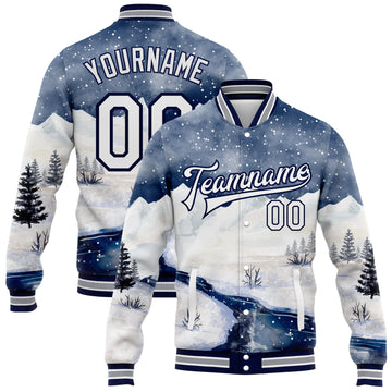 Custom White Navy Watercolor Winter Snow Landscape 3D Pattern Design Bomber Full-Snap Varsity Letterman Jacket