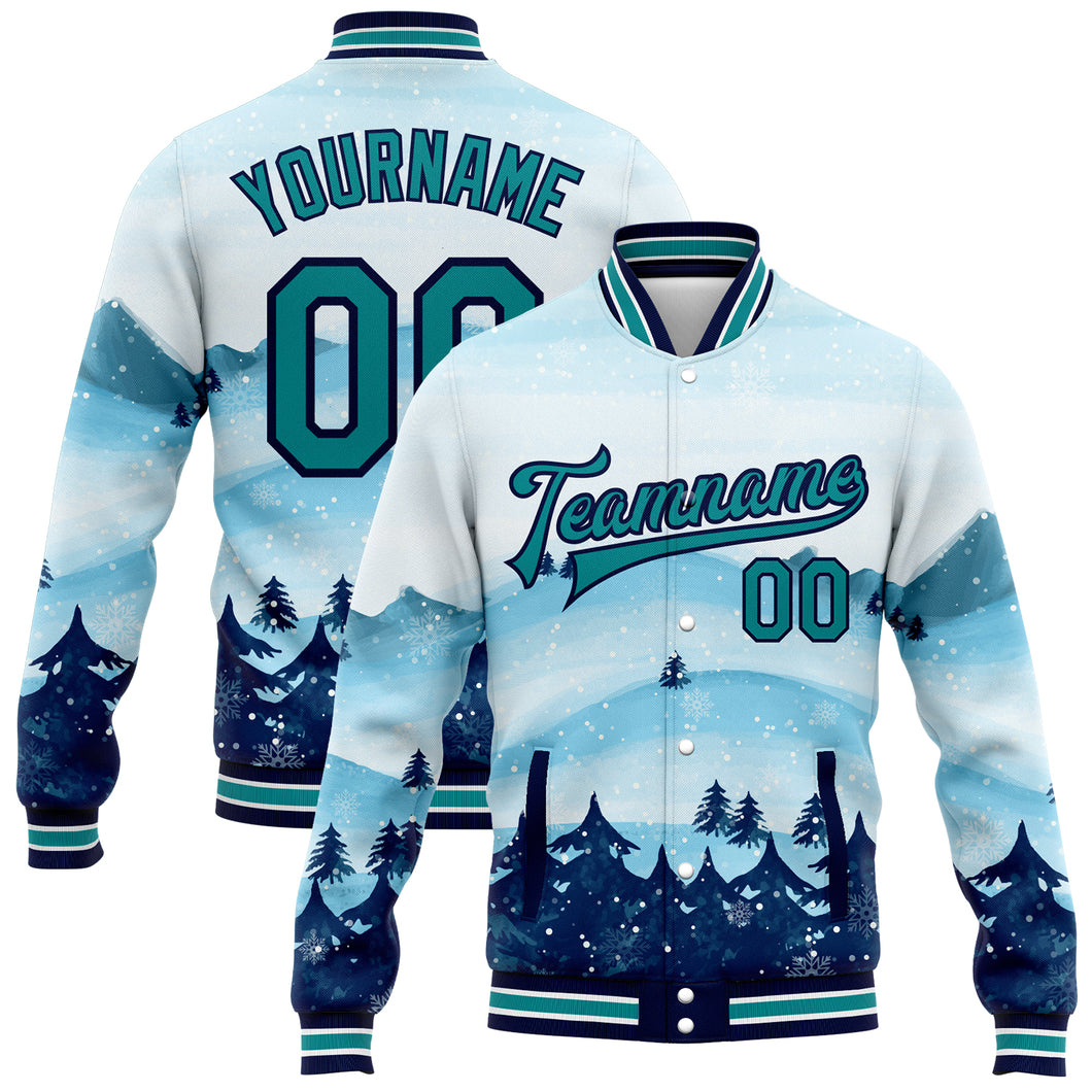 Custom White Teal-Navy Watercolor Forest Winter Snow Landscape 3D Pattern Design Bomber Full-Snap Varsity Letterman Jacket