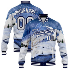 Load image into Gallery viewer, Custom Royal White-Navy Watercolor Winter Snow Landscape 3D Pattern Design Bomber Full-Snap Varsity Letterman Jacket
