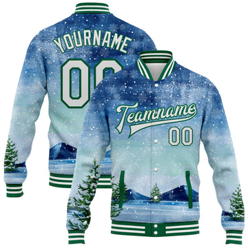 Custom Royal White-Kelly Green Watercolor Winter Landscape With Snowy Trees 3D Pattern Design Bomber Full-Snap Varsity Letterman Jacket