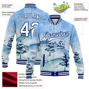 Custom Light Blue White-Royal Watercolor Winter Landscape With Snowy Trees 3D Pattern Design Bomber Full-Snap Varsity Letterman Jacket