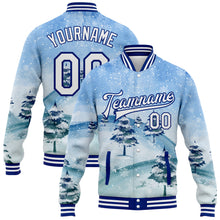 Load image into Gallery viewer, Custom Light Blue White-Royal Watercolor Winter Landscape With Snowy Trees 3D Pattern Design Bomber Full-Snap Varsity Letterman Jacket
