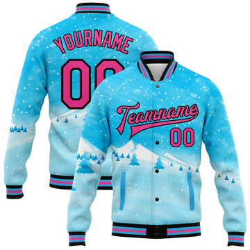 Custom Sky Blue Pink-Black Watercolor Winter Landscape With Snowy Trees 3D Pattern Design Bomber Full-Snap Varsity Letterman Jacket