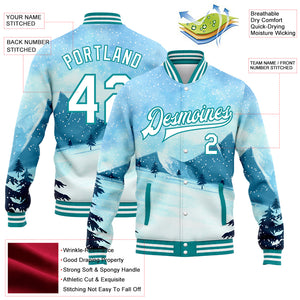 Custom Light Blue White-Teal Watercolor Winter Landscape With Snowy Trees 3D Pattern Design Bomber Full-Snap Varsity Letterman Jacket