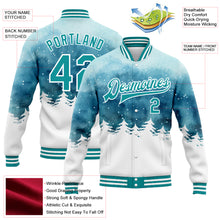 Load image into Gallery viewer, Custom Light Blue Teal-White Watercolor Winter Landscape With Snowy Trees 3D Pattern Design Bomber Full-Snap Varsity Letterman Jacket
