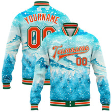 Load image into Gallery viewer, Custom Lakes Blue Orange-Kelly Green Watercolor Winter Snowy Landscape 3D Pattern Design Bomber Full-Snap Varsity Letterman Jacket
