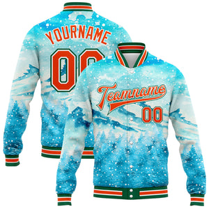 Custom Lakes Blue Orange-Kelly Green Watercolor Winter Snowy Landscape 3D Pattern Design Bomber Full-Snap Varsity Letterman Jacket