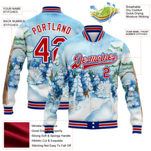 Load image into Gallery viewer, Custom Light Blue Red-Royal Watercolor Winter Landscape With Snowy Trees 3D Pattern Design Bomber Full-Snap Varsity Letterman Jacket

