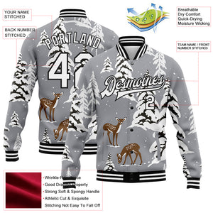 Custom Gray Black-White Winter Snowy Landscape With Deer 3D Pattern Design Bomber Full-Snap Varsity Letterman Jacket