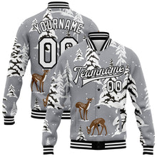 Load image into Gallery viewer, Custom Gray Black-White Winter Snowy Landscape With Deer 3D Pattern Design Bomber Full-Snap Varsity Letterman Jacket
