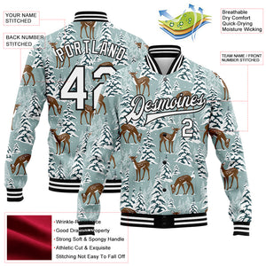 Custom Teal Black-White Winter Snowy Landscape With Deer 3D Pattern Design Bomber Full-Snap Varsity Letterman Jacket