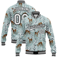 Load image into Gallery viewer, Custom Teal Black-White Winter Snowy Landscape With Deer 3D Pattern Design Bomber Full-Snap Varsity Letterman Jacket
