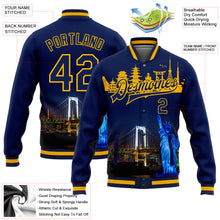 Load image into Gallery viewer, Custom Navy Gold Rainbow Bridge And Statue Of Liberty Tokyo Japan City Edition 3D Bomber Full-Snap Varsity Letterman Jacket
