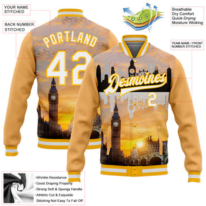 Custom Gold White Big Ben And Westminster Bridge London UK City Edition 3D Bomber Full-Snap Varsity Letterman Jacket