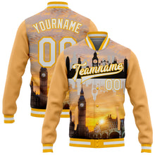 Load image into Gallery viewer, Custom Gold White Big Ben And Westminster Bridge London UK City Edition 3D Bomber Full-Snap Varsity Letterman Jacket
