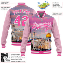Load image into Gallery viewer, Custom Pink Light Pink-White The Dome Of The Rock Jerusalem Israel City Edition 3D Bomber Full-Snap Varsity Letterman Jacket
