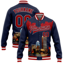 Load image into Gallery viewer, Custom Navy Red-White Boston Massachusetts City Edition 3D Bomber Full-Snap Varsity Letterman Jacket
