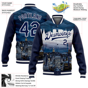 Custom Navy White New York City Edition 3D Bomber Full-Snap Varsity Letterman Jacket