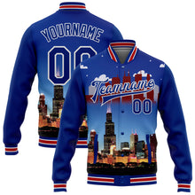 Load image into Gallery viewer, Custom Royal Red-White Chicago Illinois City Edition 3D Bomber Full-Snap Varsity Letterman Jacket
